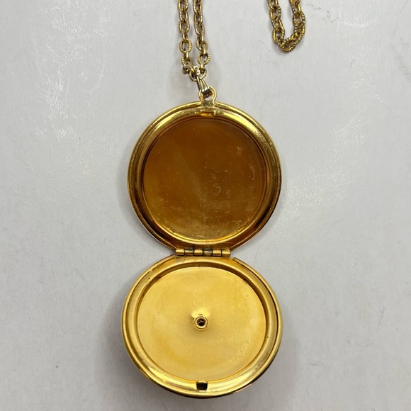Vintage Guilloche Locket Necklace Gold Tone Red Enamel and Pearl Detail - Picture 4 of 15